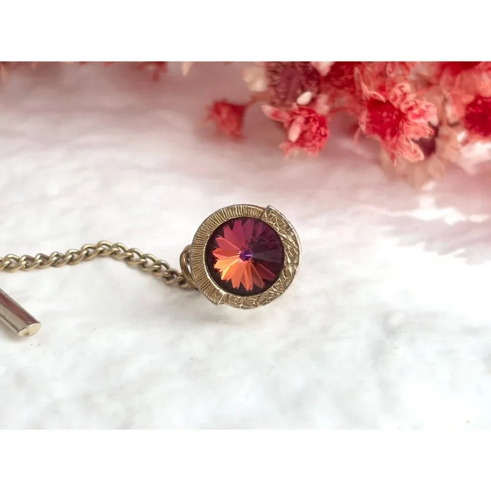 Ombre Orange & Red Rhinestone Gold Toned Vintage Men's Tie Tack